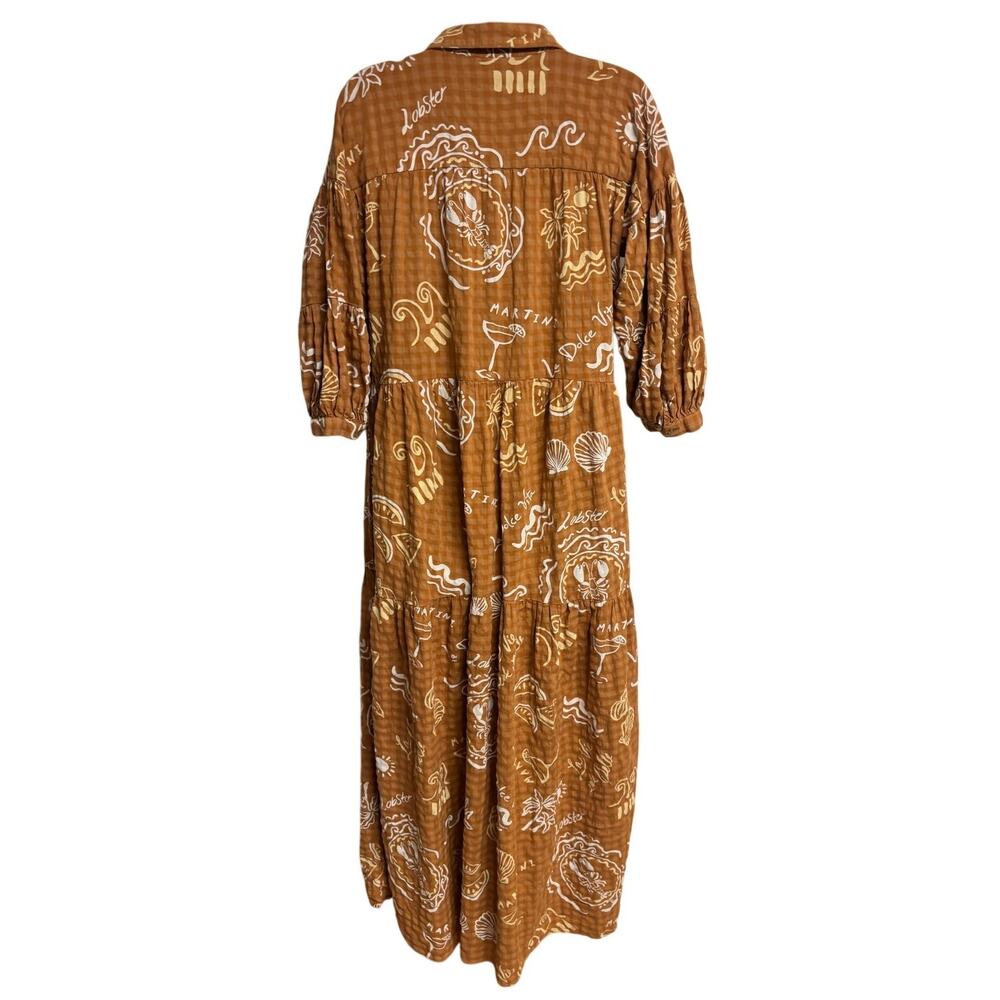 Anthropologie Dress Small Brown Lobster Martini Tier Midi V Shift 3/4 Boho EUC - Picture 4 of 11